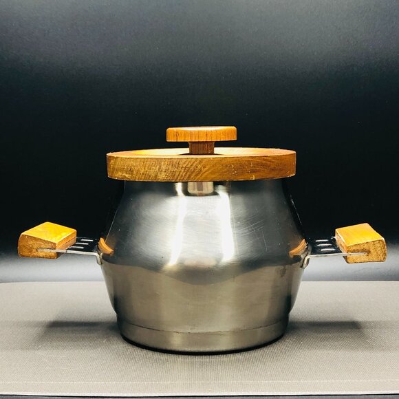 Midcentury Imperial International Japan Stainless Steel Wooden Lid Fondue Pot - Picture 1 of 10